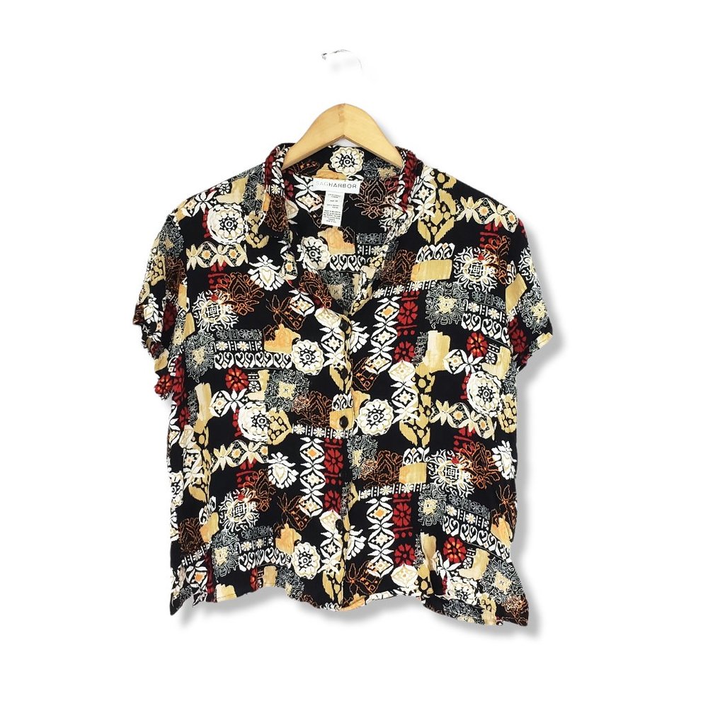 Sag Harbor Black Multicolored Patterned Cropped Button up Top Size 14